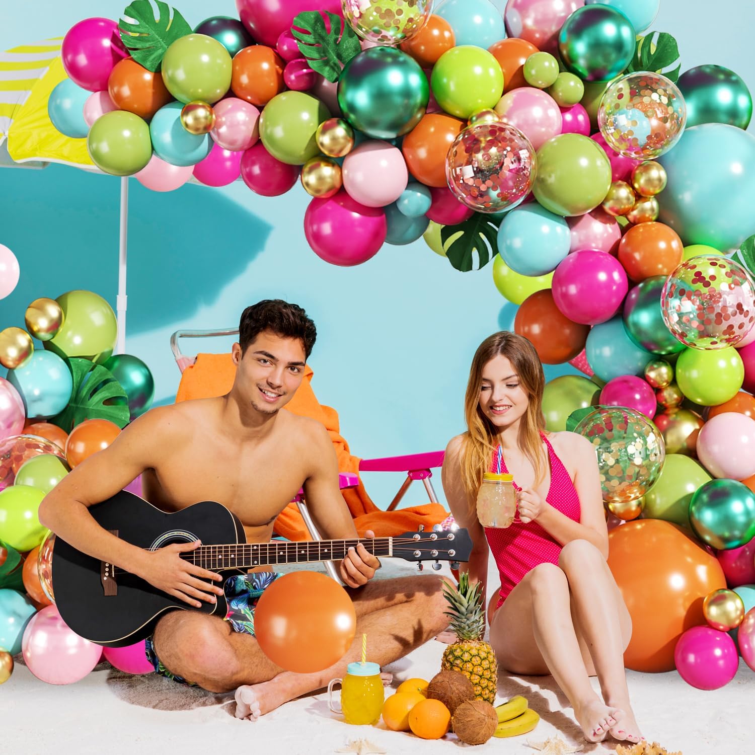 Tropical Luau Balloon Arch Kit 146Pcs Hot Pink Pearl Pink Green Blue Orange Gold Metallic Green Confetti Balloons