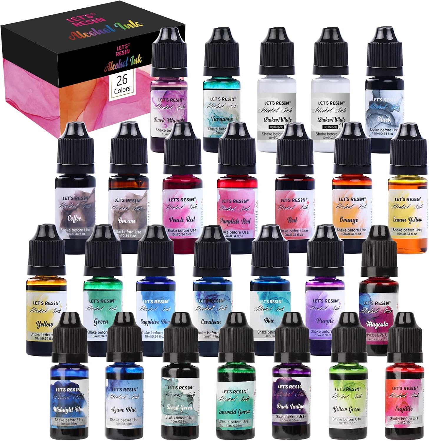 Concentrated Alcohol Ink Set, 26 Vibrant Colors (Each 0.35oz) | Alcohol-Based Resin Ink, Alcohol Paint Resin Dye for