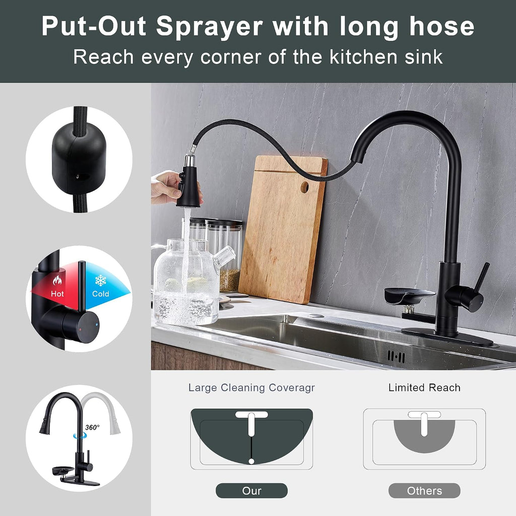Kitchen Faucets with Glass Rinser Single Handle Kitchen Sink Faucet with Pull Out Sprayer, 1 or 3 Hole, High Arc Cup