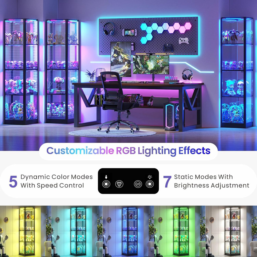 Corner Display Cabinet with Glass Doors & RGB Lights | 68" Tall, Human Sensor Lights, 4-Tier, Display Case for