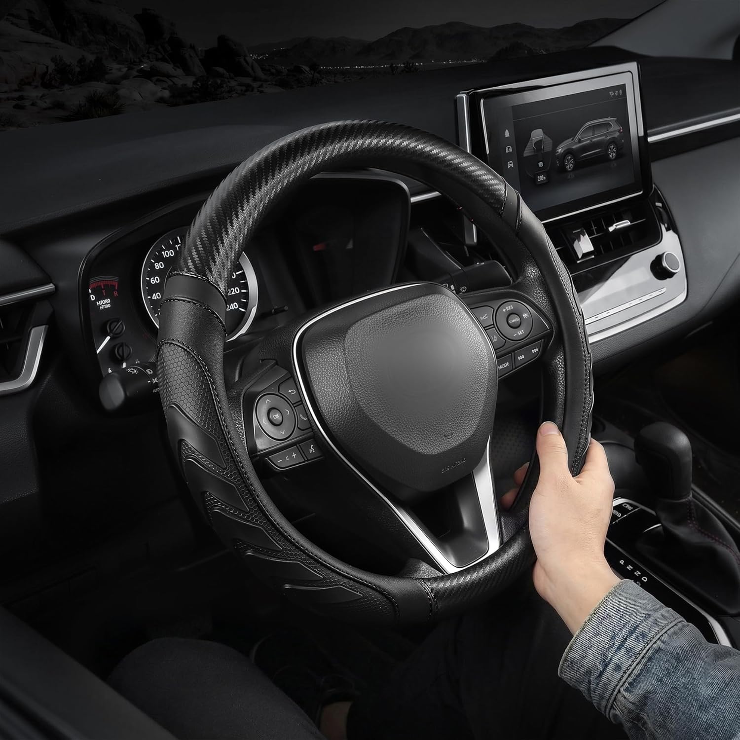 Carbon Fiber Leather Steering Wheel Cover with Anti-Slip Grip, 3D Textured Design, 14.5-15 Inch Car Steering Wheel