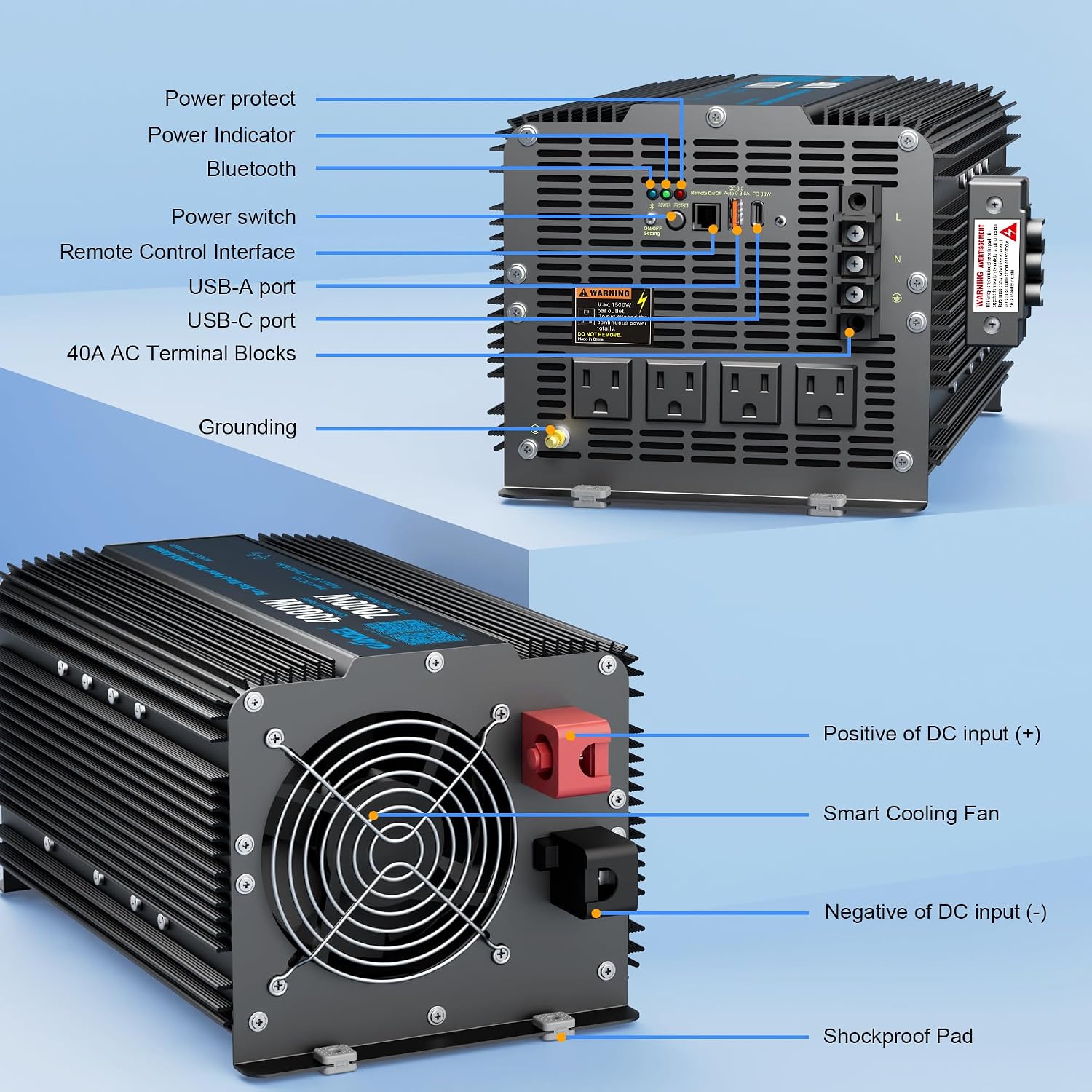 4000W Pure Sine Wave Power Inverter 12V to 120V AC,7000W Surge,Compatible with All 12V Batteries,Bluetooth