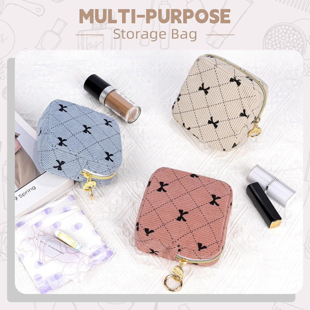 Period Bag for Teen Girls, Corduroy Sanitary Napkin Pouch, B-Beige | Bow Menstrual Pad Pouches Tampon Holder for