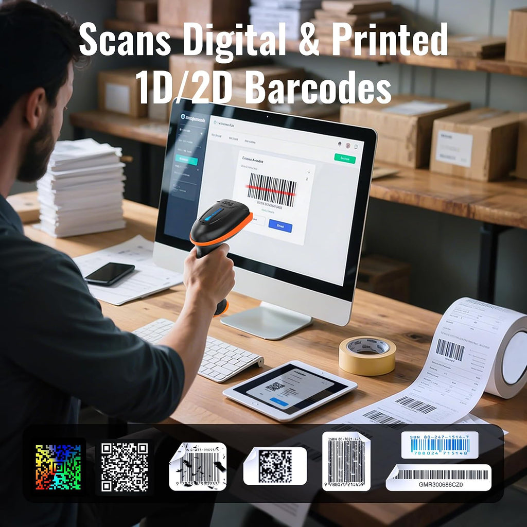 Barcode Scanner with Battery Indicator: 2D Wireless, D5100 Orange | USB Wired, 2.4G Wireless, 2200mAh Battery, 1D 2D