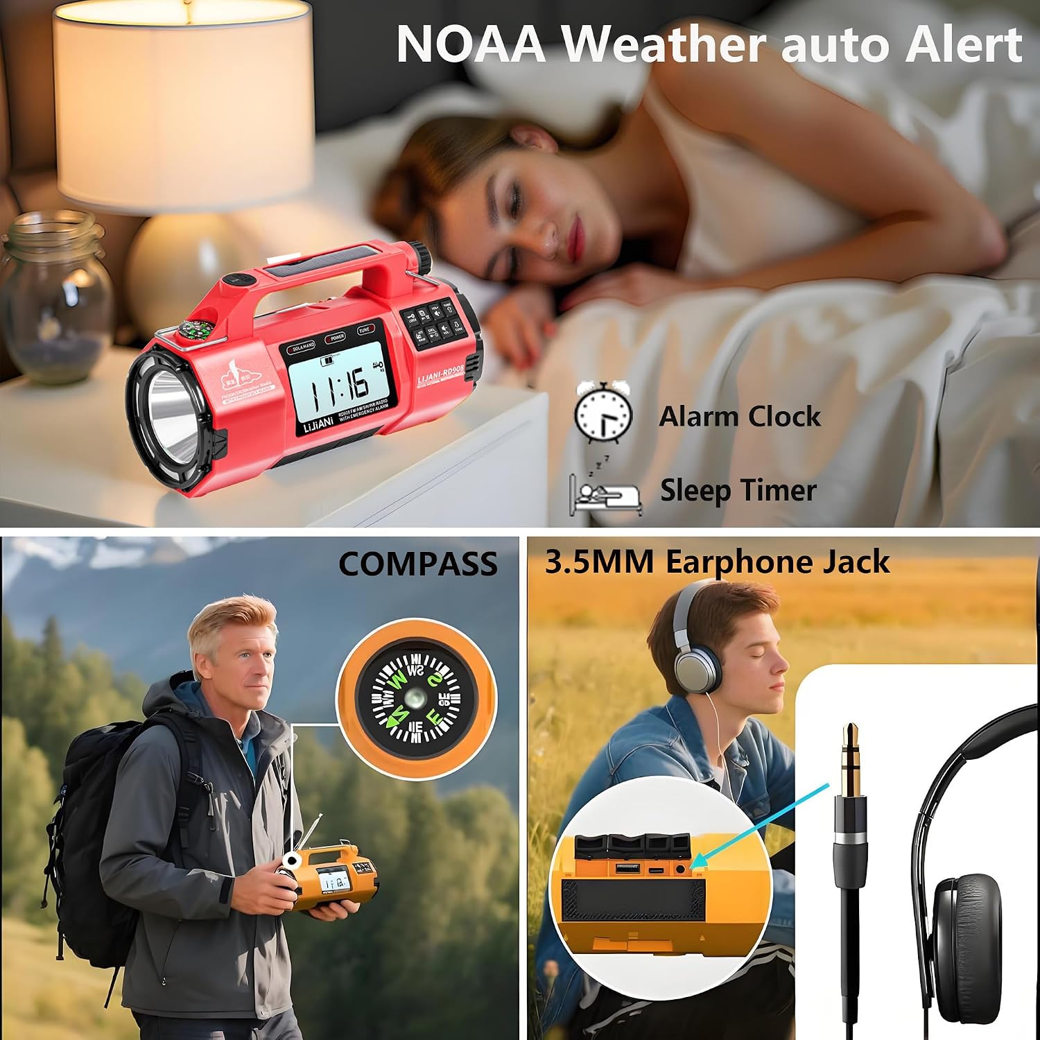 NOAA Weather Radio Emergency Radio with Hand Crank & Solar Charging | AM FM SW Weather Alert 5000mAh Battery, Phone