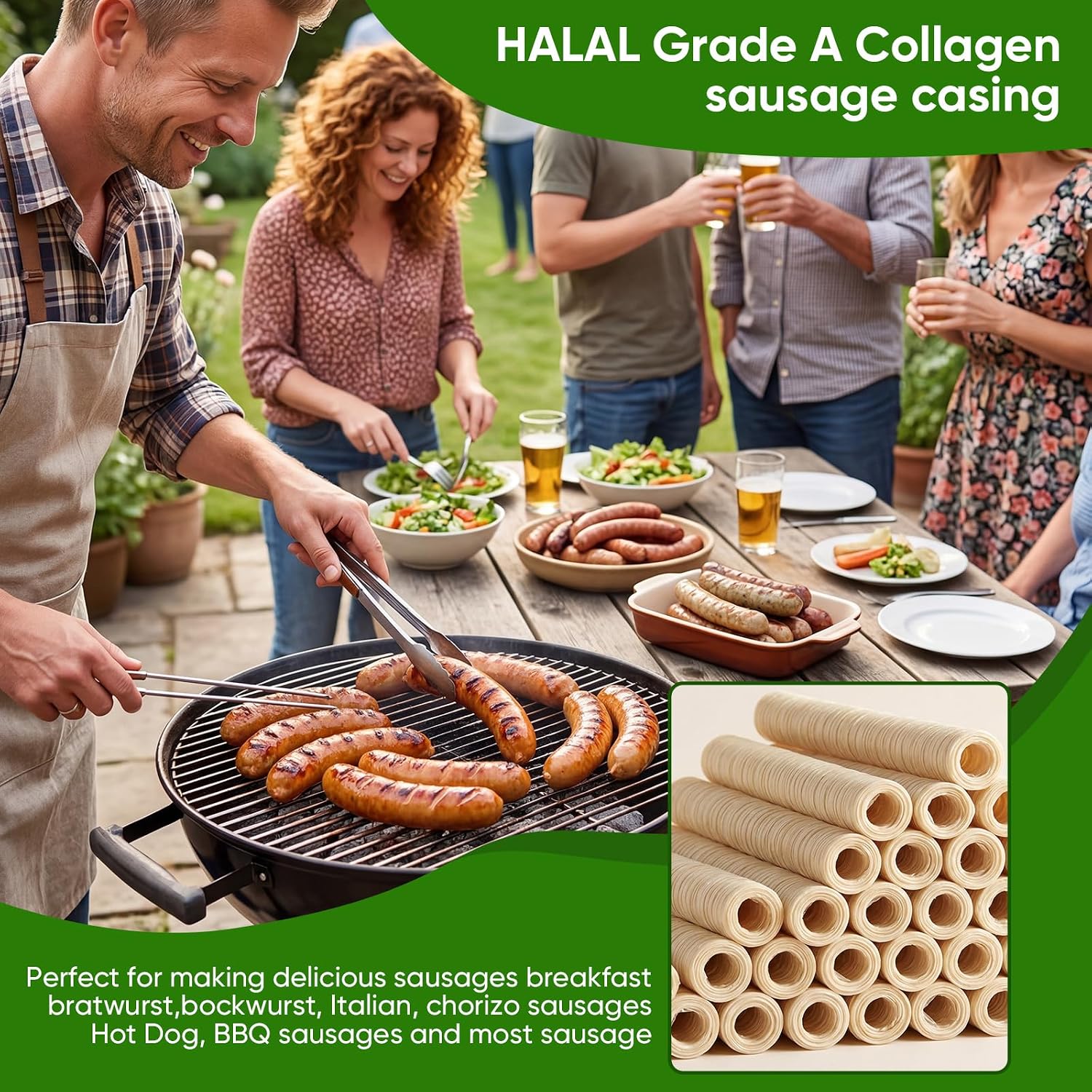 HALAL Grade A Collagen Sausage Casings, Edible Drying Casing 15m/49ft Longer Length , 28mm/ 11/8''for Flavorous