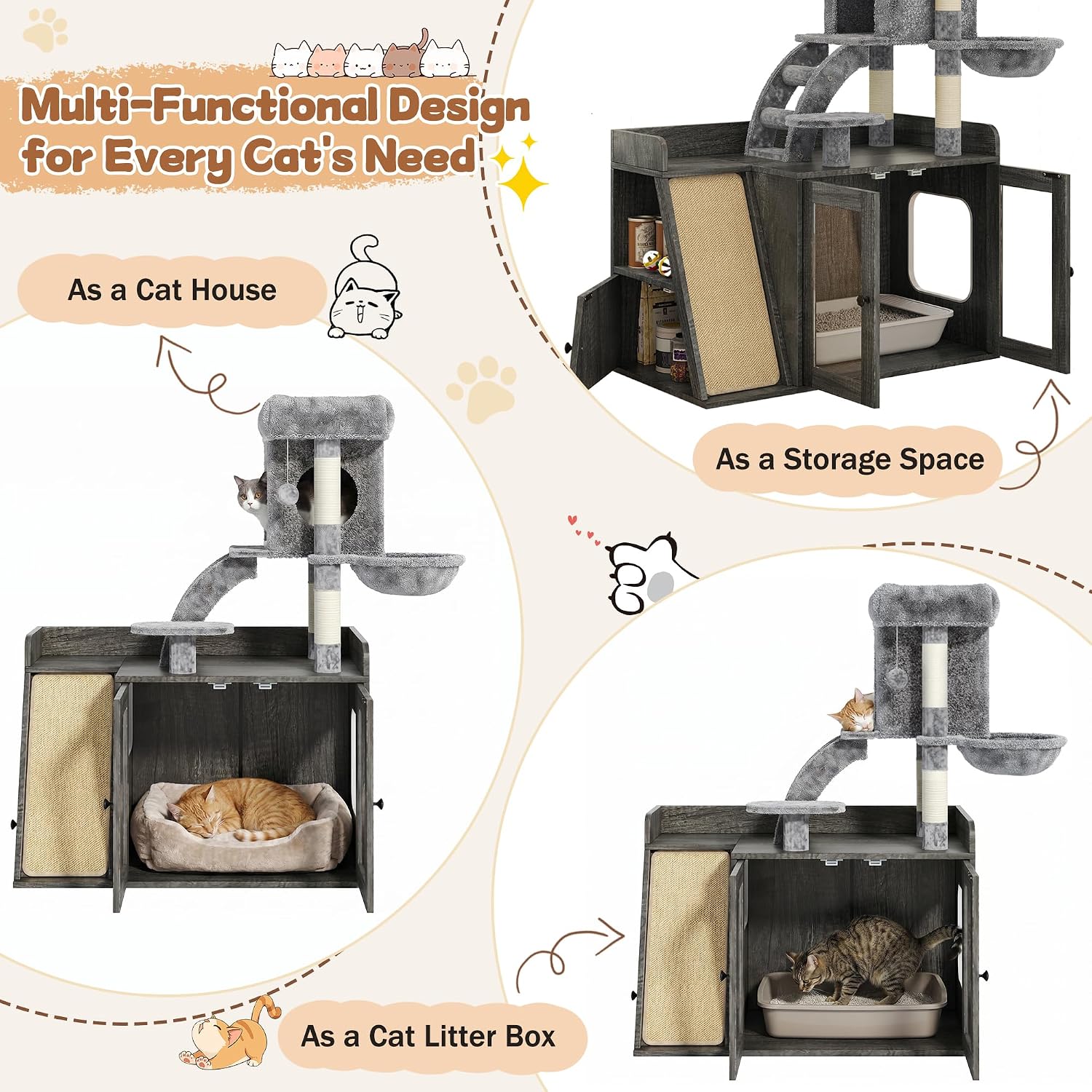 All-in-One Cat Tree with Hidden Litter Box Enclosure, Grey Wooden Cat Tower with LED Light, Sisal Scratching Board