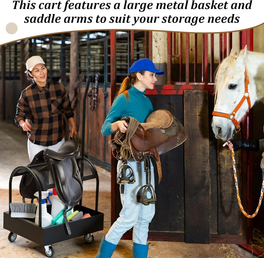 Metal Rolling Saddle Rack Cart with Basket Storage, 360° Wheels