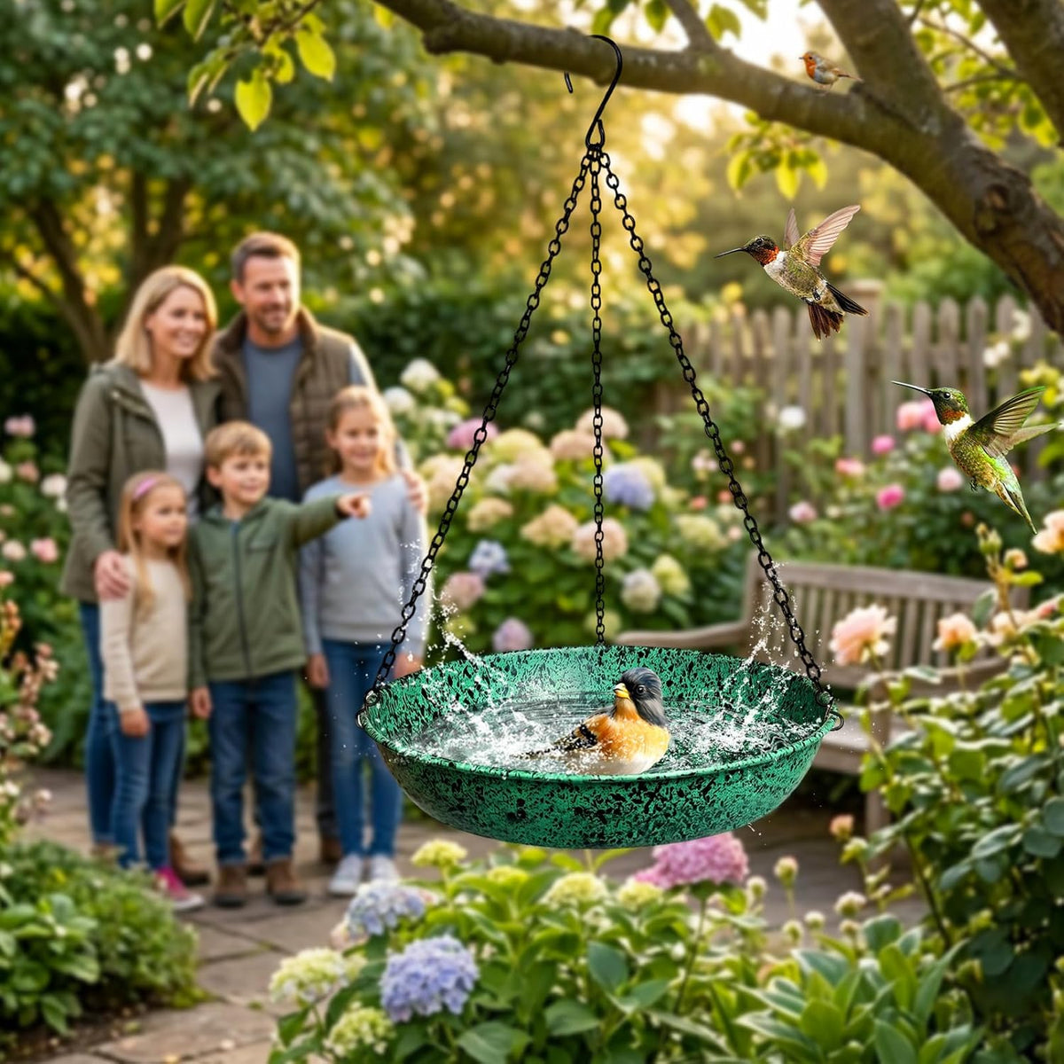 Hanging Bird Baths for Outside, 11 inch Outdoor Metal Bird Feeder for Garden Yard Decor Green