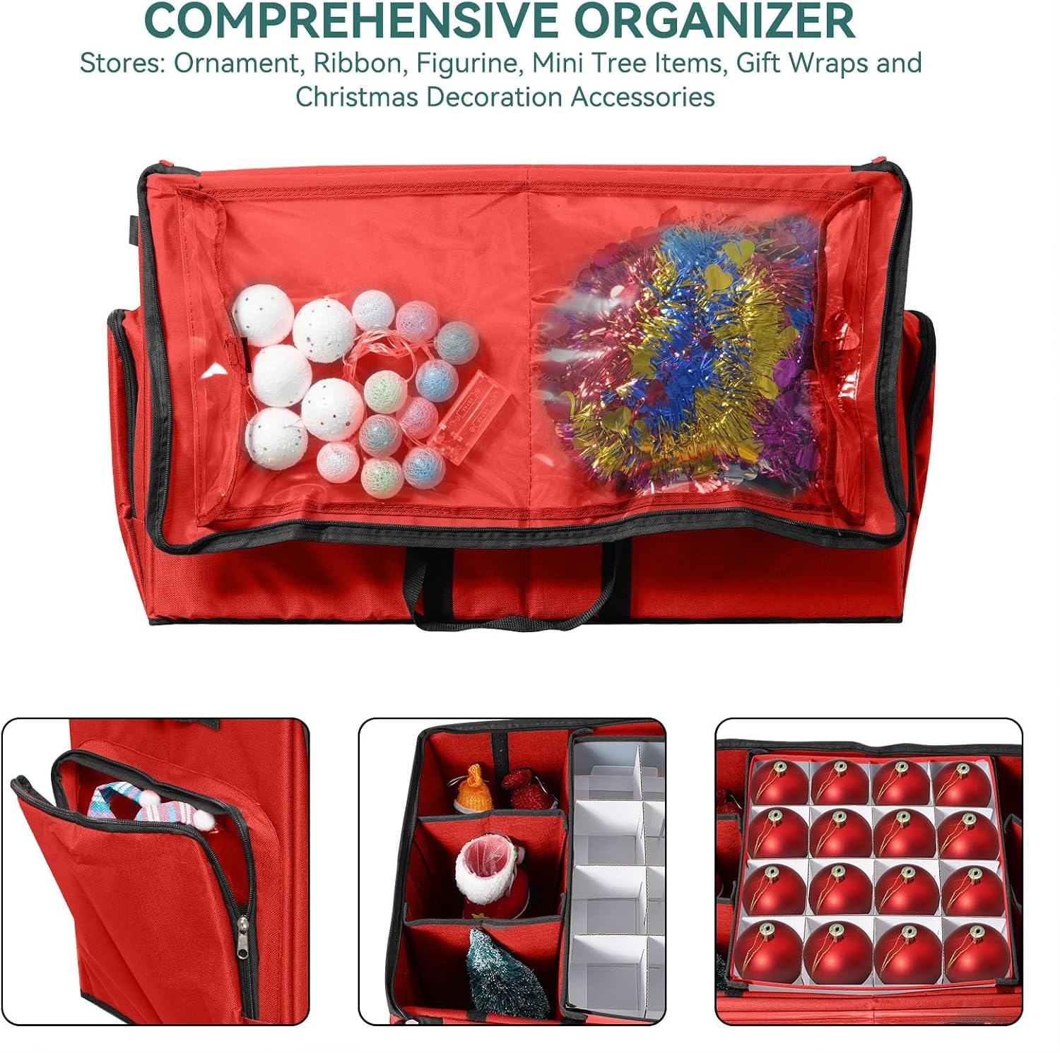 Christmas Ornament Storage Box,2-in-1 Christmas ornament organizer&Christmas Figurine Container,5 Trays,6 Adjustable
