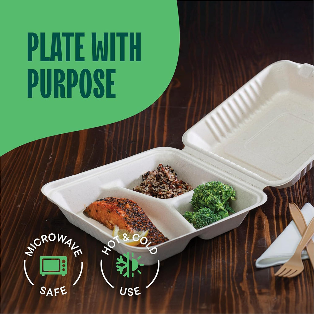 100% Compostable 3-Compartment Clamshell Containers - 9x9 [200-Pack] To Go