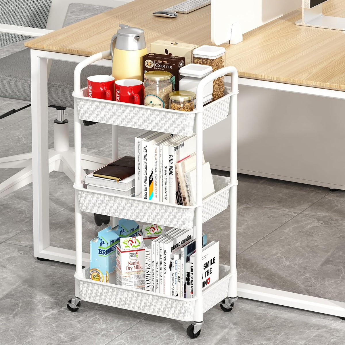 3-Tier Plastic Rolling Utility Cart with Handle,Utility Storage Cart for Office, Living Room, Kitchen,Movable Storage