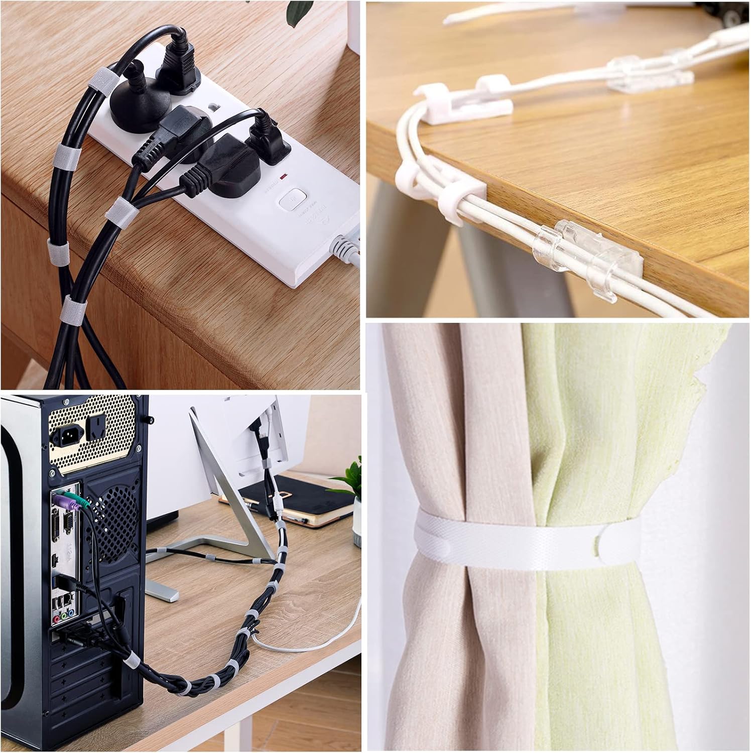 White Cable Management Organizer Kit 4 Cable Sleeve Split,47Cable Clips 12Cord Clips Holder,22 Cable Ties, 20