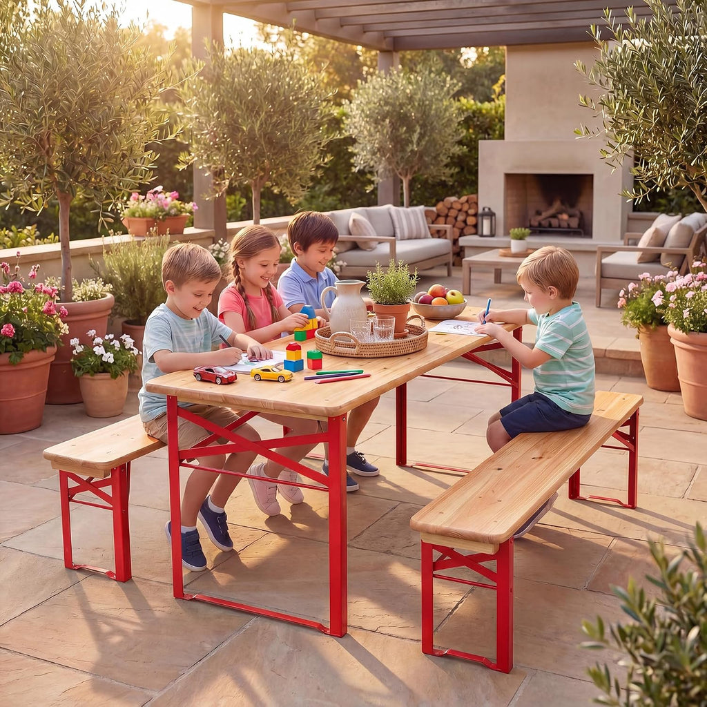 Kids Picnic Table, 43.5 Inch Folding Toddler Outdoor Table & 2 Benches, Fir Wood Top & Metal Frame, No Assembly