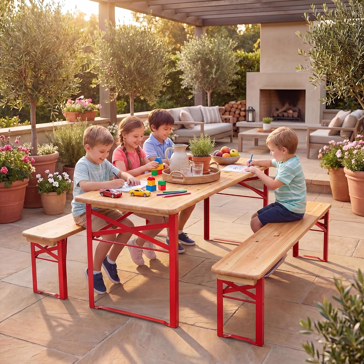 Kids Picnic Table, 43.5 Inch Folding Toddler Outdoor Table & 2 Benches, Fir Wood Top & Metal Frame, No Assembly