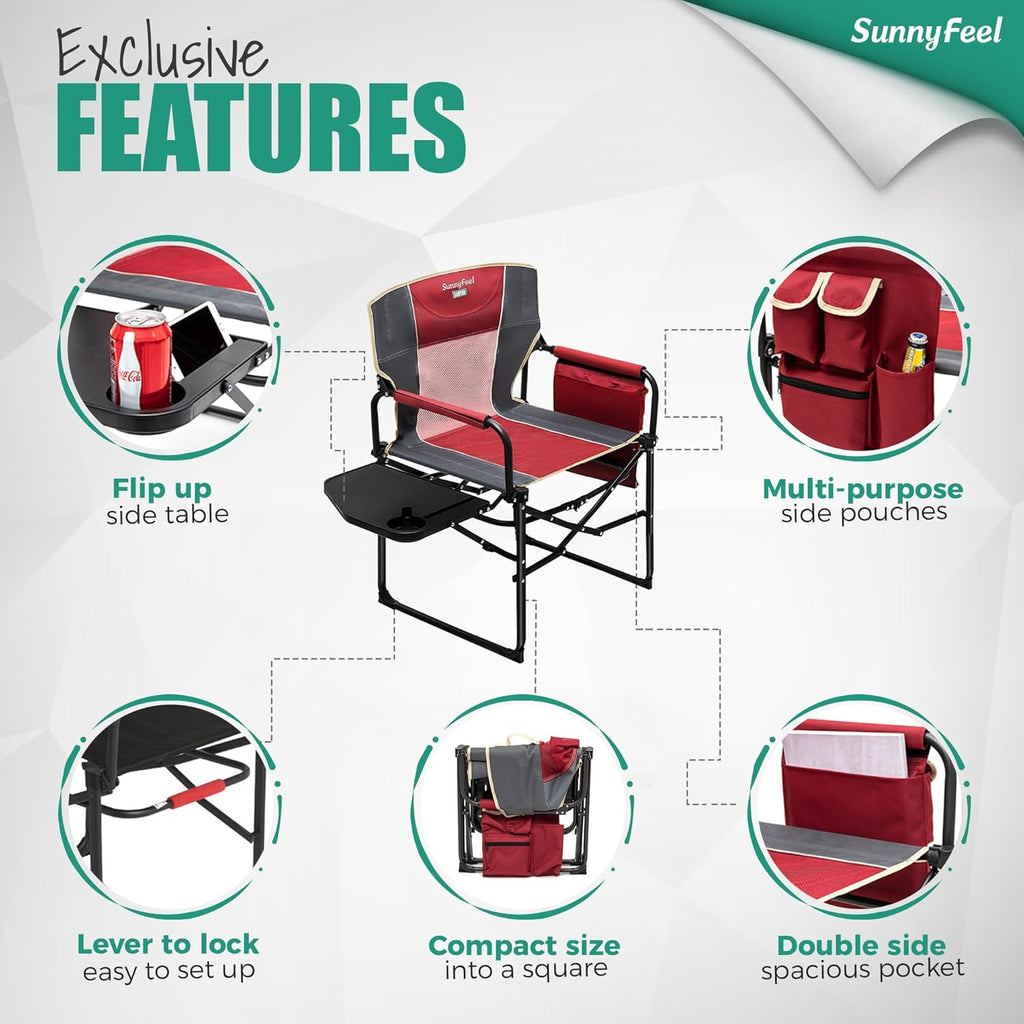 Camping Directors Chair, Heavy Duty,Oversized Portable Folding Chair with Side Table, Pocket for Beach