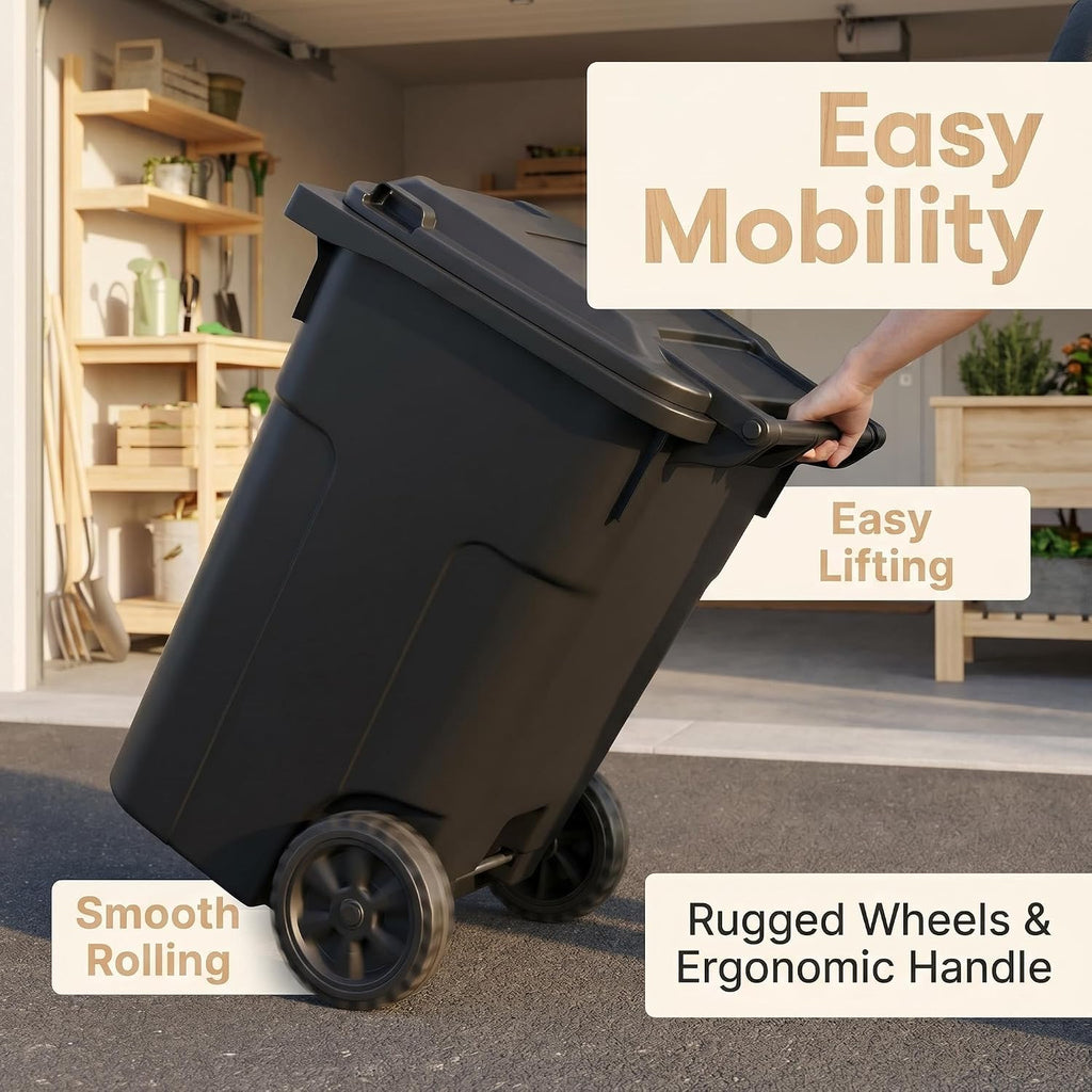 32 Gallon Wheeled Trash Can Heavy Duty Garbage Bin Attached Lid Black | Bottom Grip Handle;Easy Tilt & Dump
