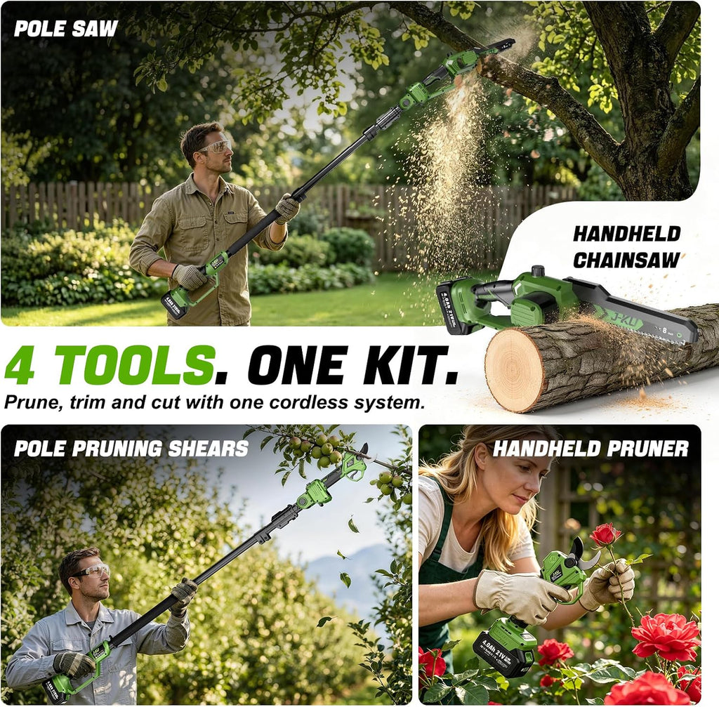 4-in-1 Electric Pole Saw & Pruning Shears Combo, 8" & 6" Mini Chainsaw with 2x4.0 Ah Batteries, 1.4in Cutting