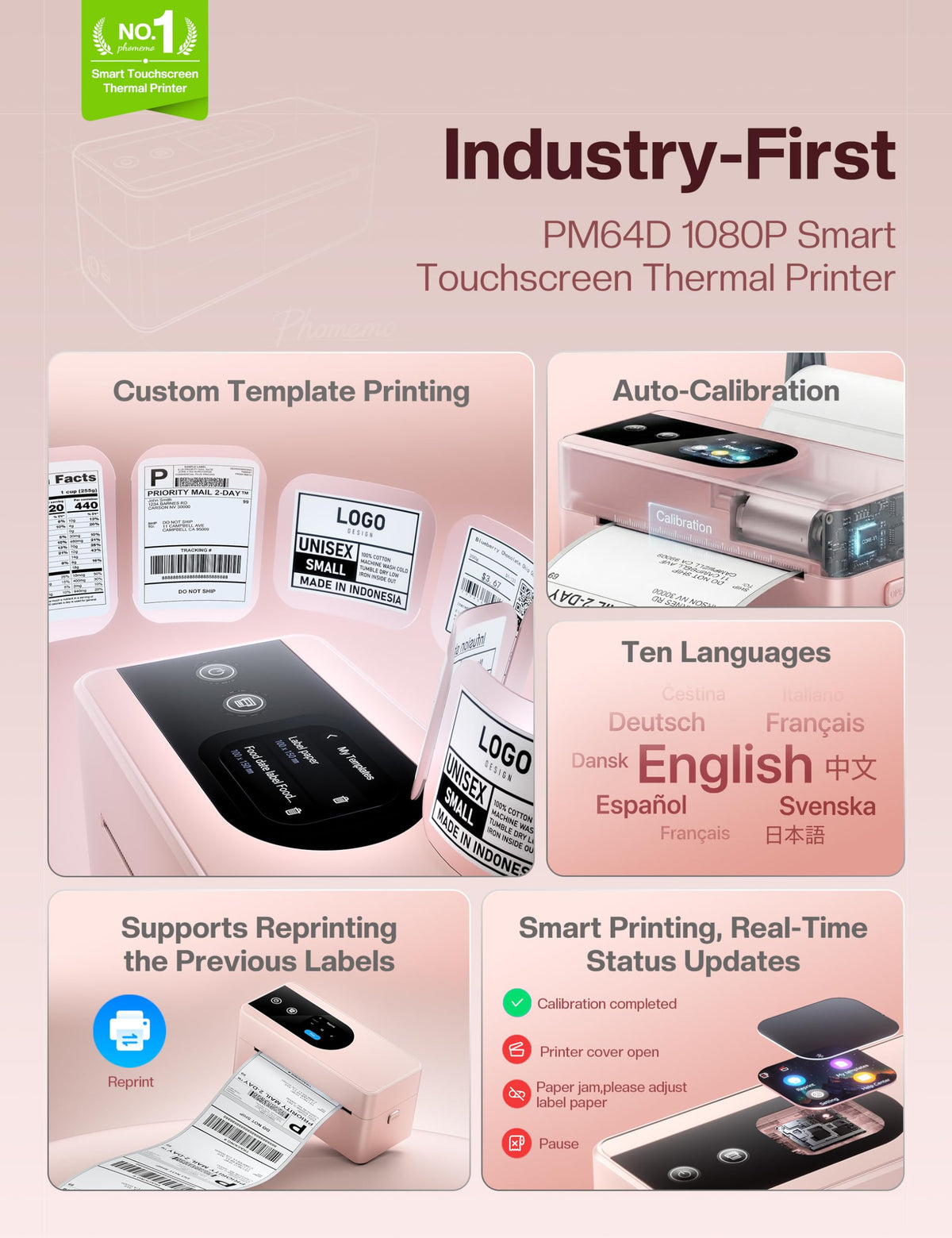PM64D Touchscreen Thermal Label Printer with 500 Pcs Labels,Pink