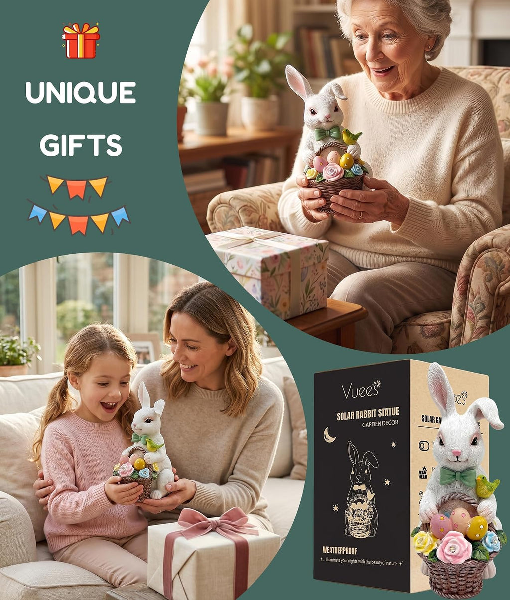 Solar Rabbit Garden Statue, Lighted Outdoor Bunny Yard Decor Gift | Glowing eggs and rose basket, hand-painted resin