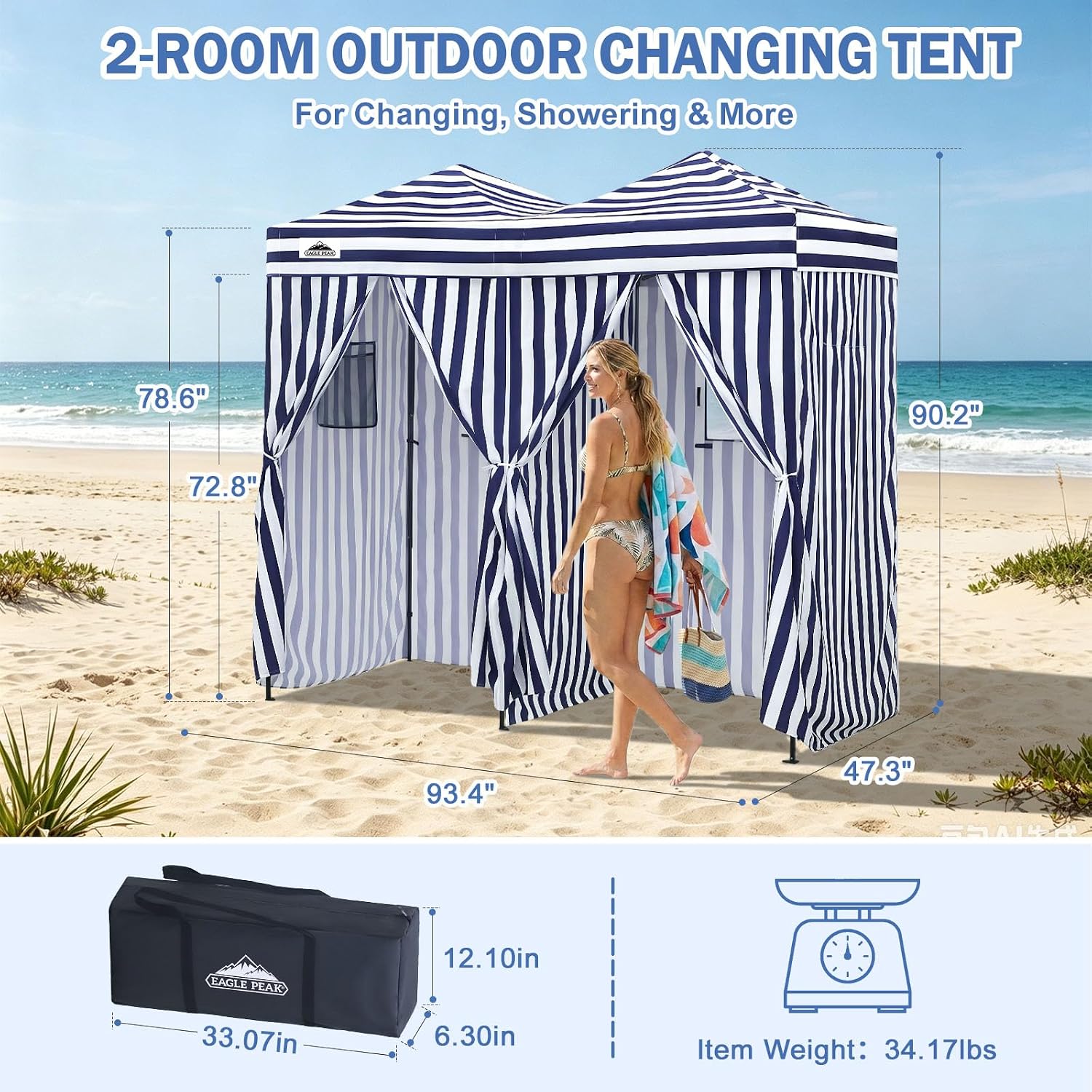 Outdoor Pop Up Changing Room 8x4 ft, 2-Room Portable Privacy Shelter for Beach, Pool, Photoshoots or Dressing Room