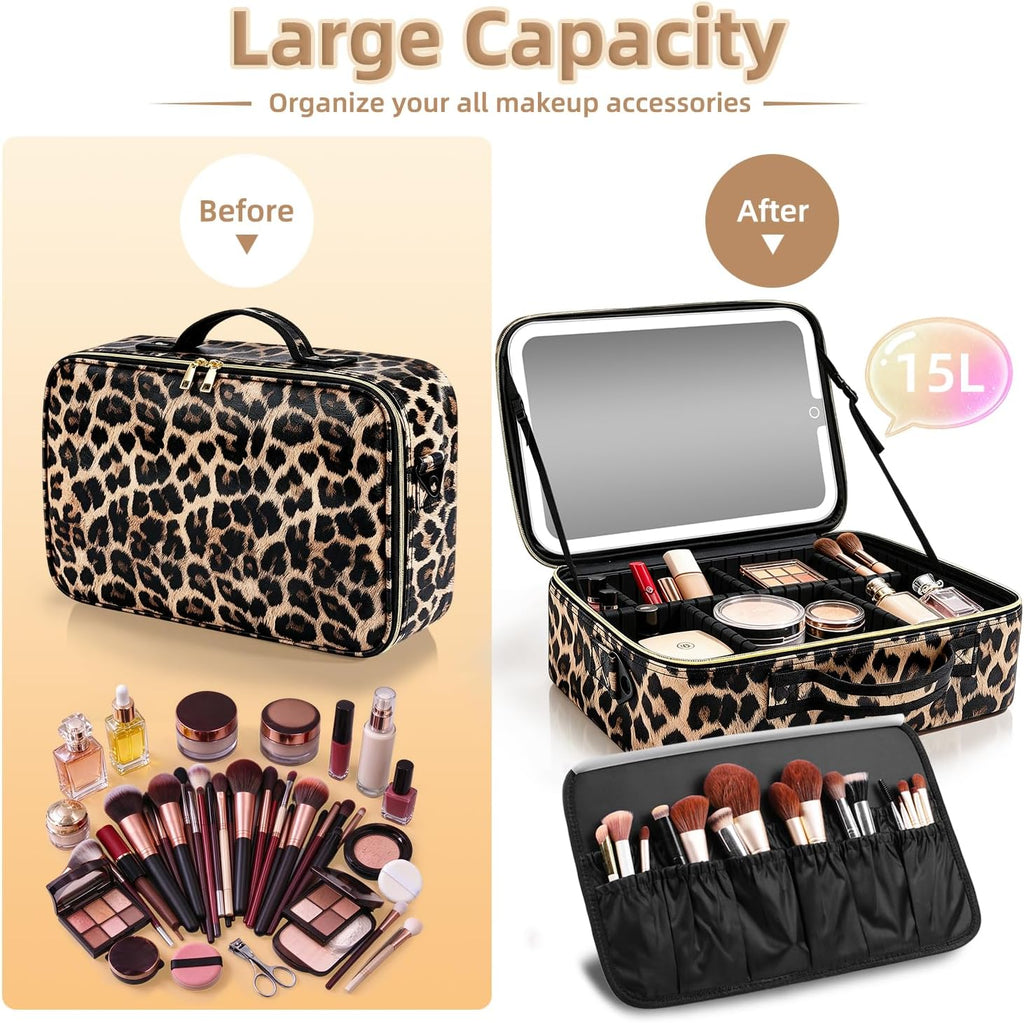 Makeup Bag with Mirror and Light, 15"X11" Large, Leopard Print PU Leather