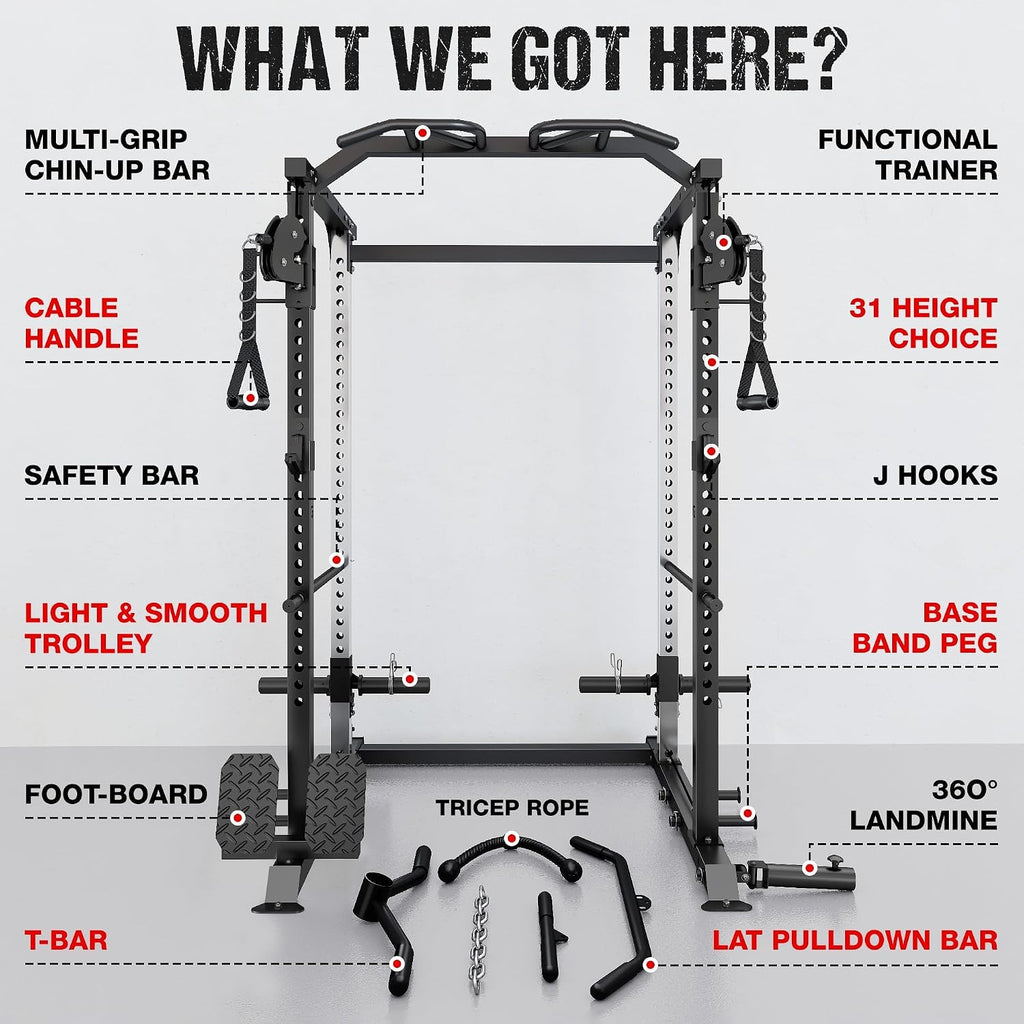 DP01 Power Cage, 2000LBS Squat Rack with Cable Crossover and Dual Independent Pulley System, Full Cage for Full Body