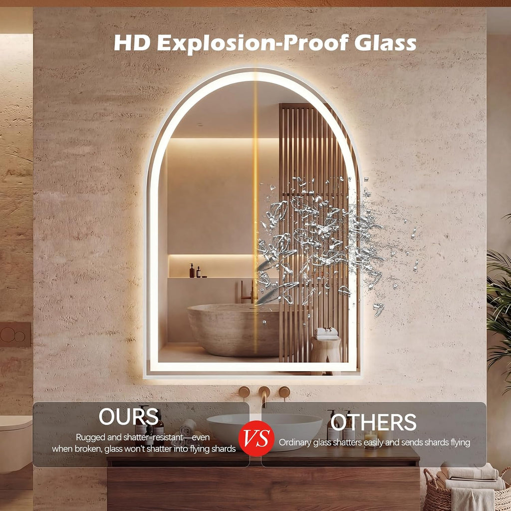 24"x36" LED Bathroom Mirror with Lights, Arched Vanity Mirror | Anti-Fog, Dimmable, 3-Color Light, Memory Function