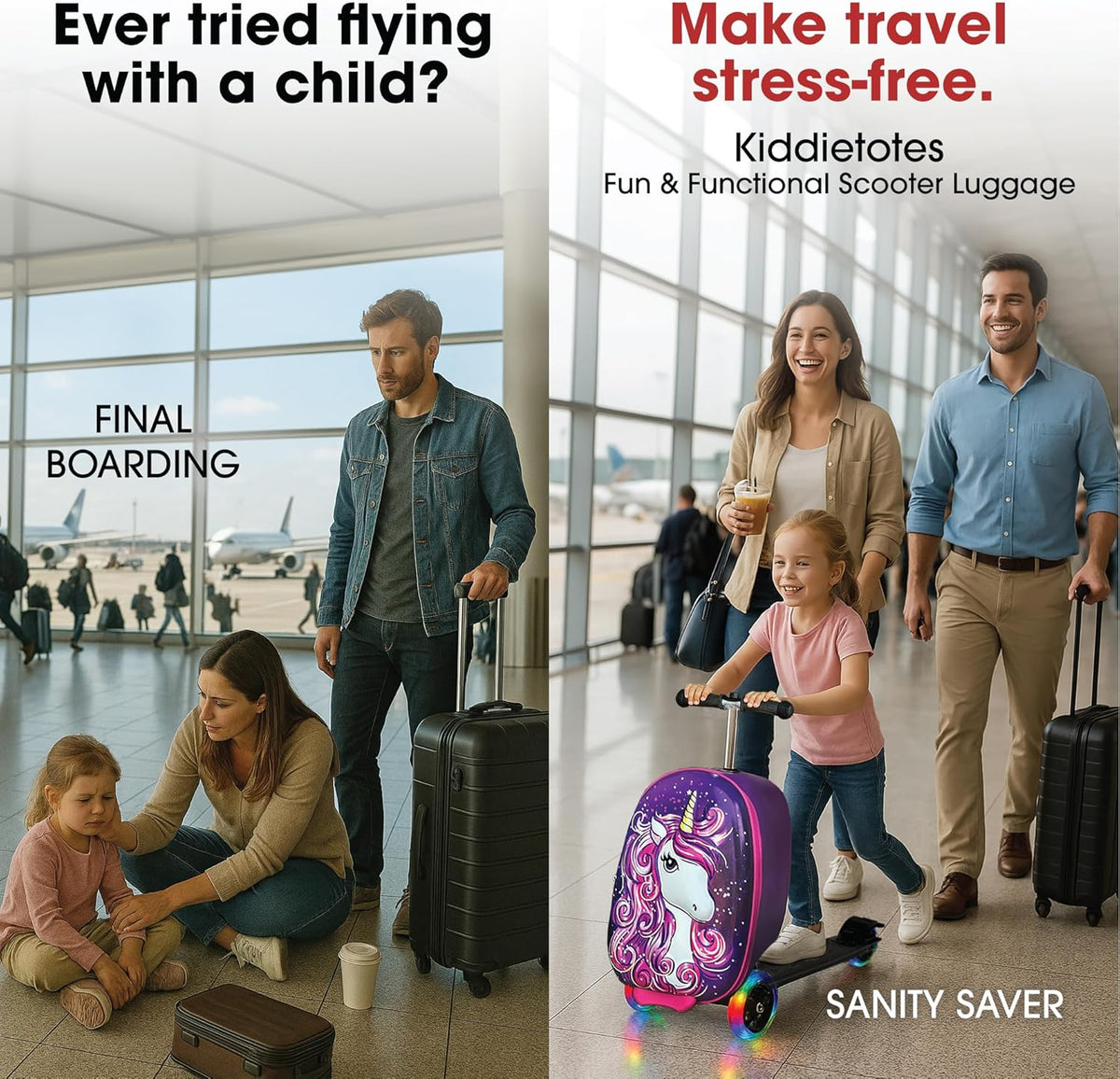 Girls Ride-On Scooter Suitcase, Foldable TSA Carry-On Luggage