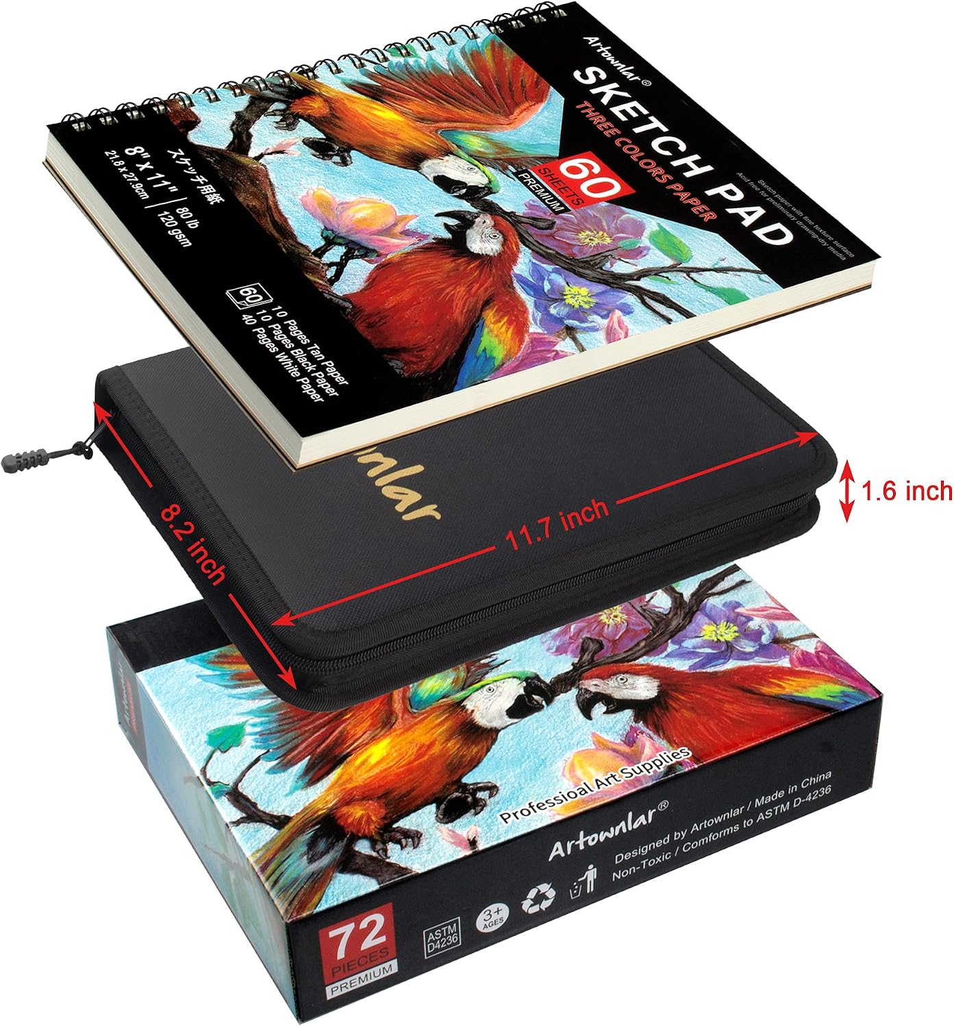72 Pack Drawing Sketching Set with 8x11 Sketchbook | Pro Art Supplies Kit for Artist Adults Teens Beginner | Graphite