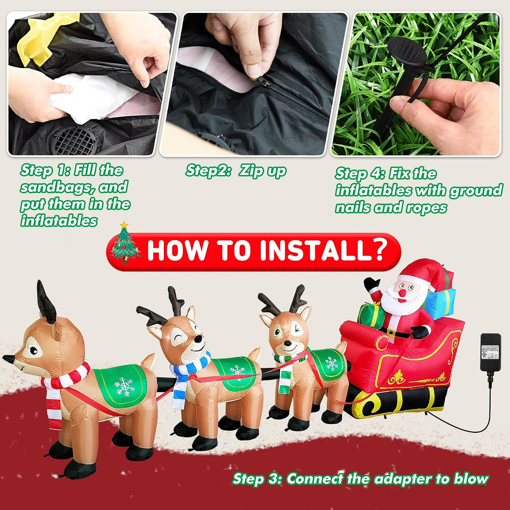 12 Ft Christmas Inflatables Outdoor Decorations Giant Blow Up Yard Decorations Inflatable Santa Claus on Sleigh and 3