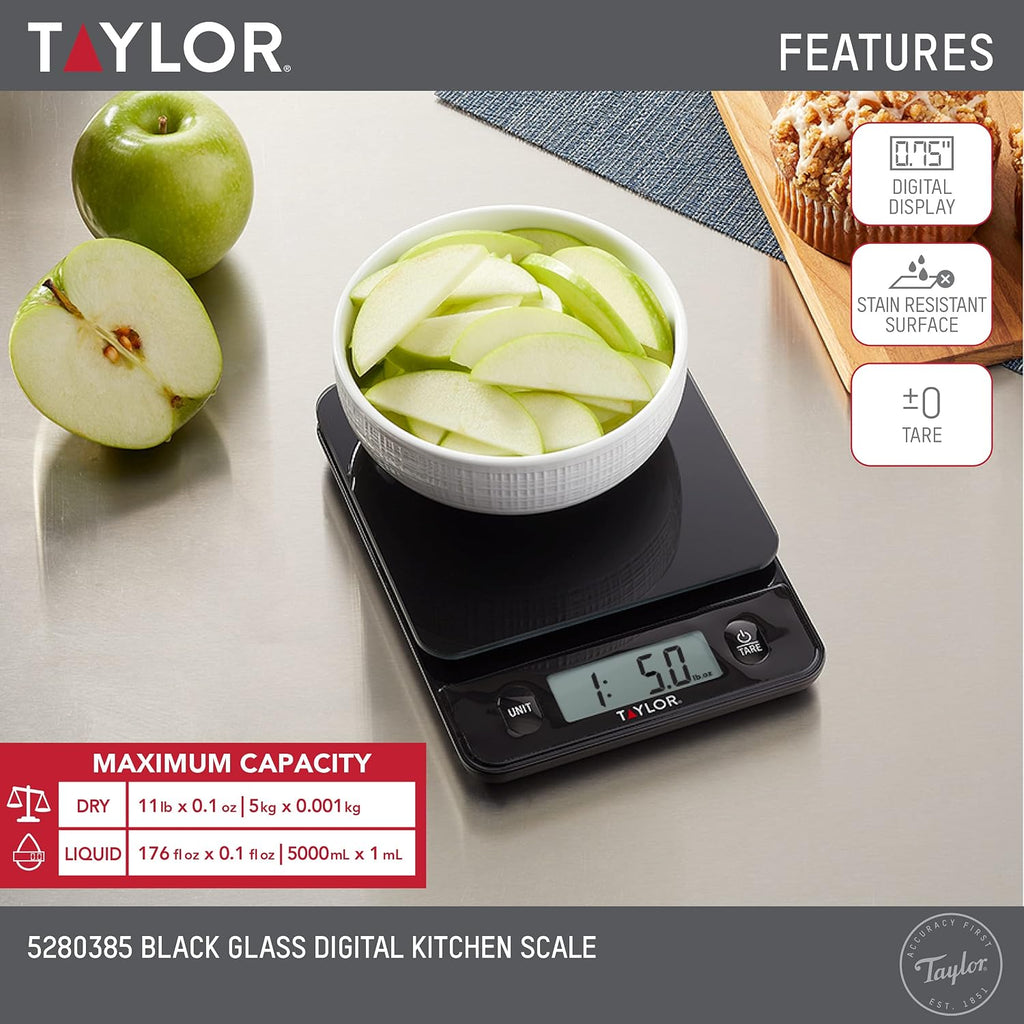 Digital Kitchen Food Scale with Black Glass Top - 11 lb Max Capacity