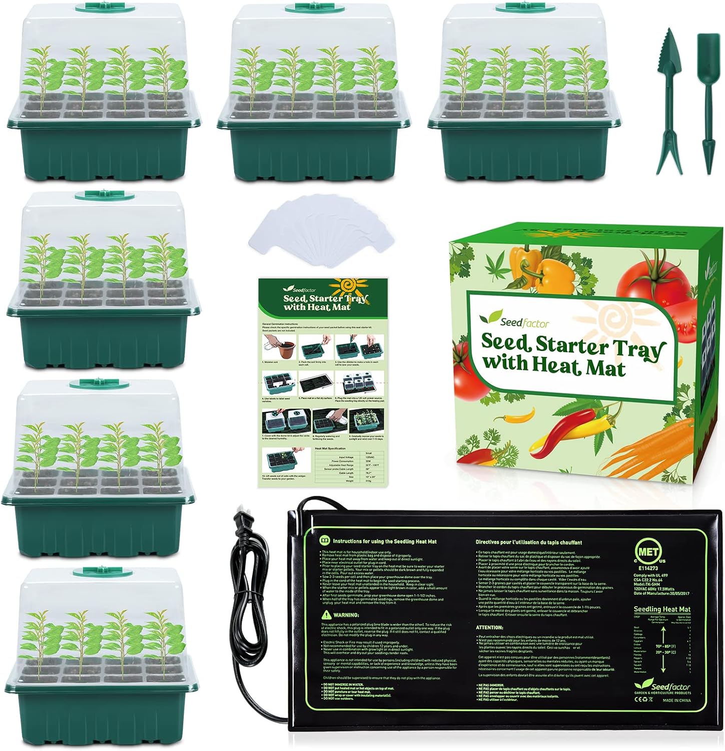 7-Pack Seed Starter Tray with Heat Mat (12 Cells per Tray), Plant Germination Trays with Adjustable Humidity Dome