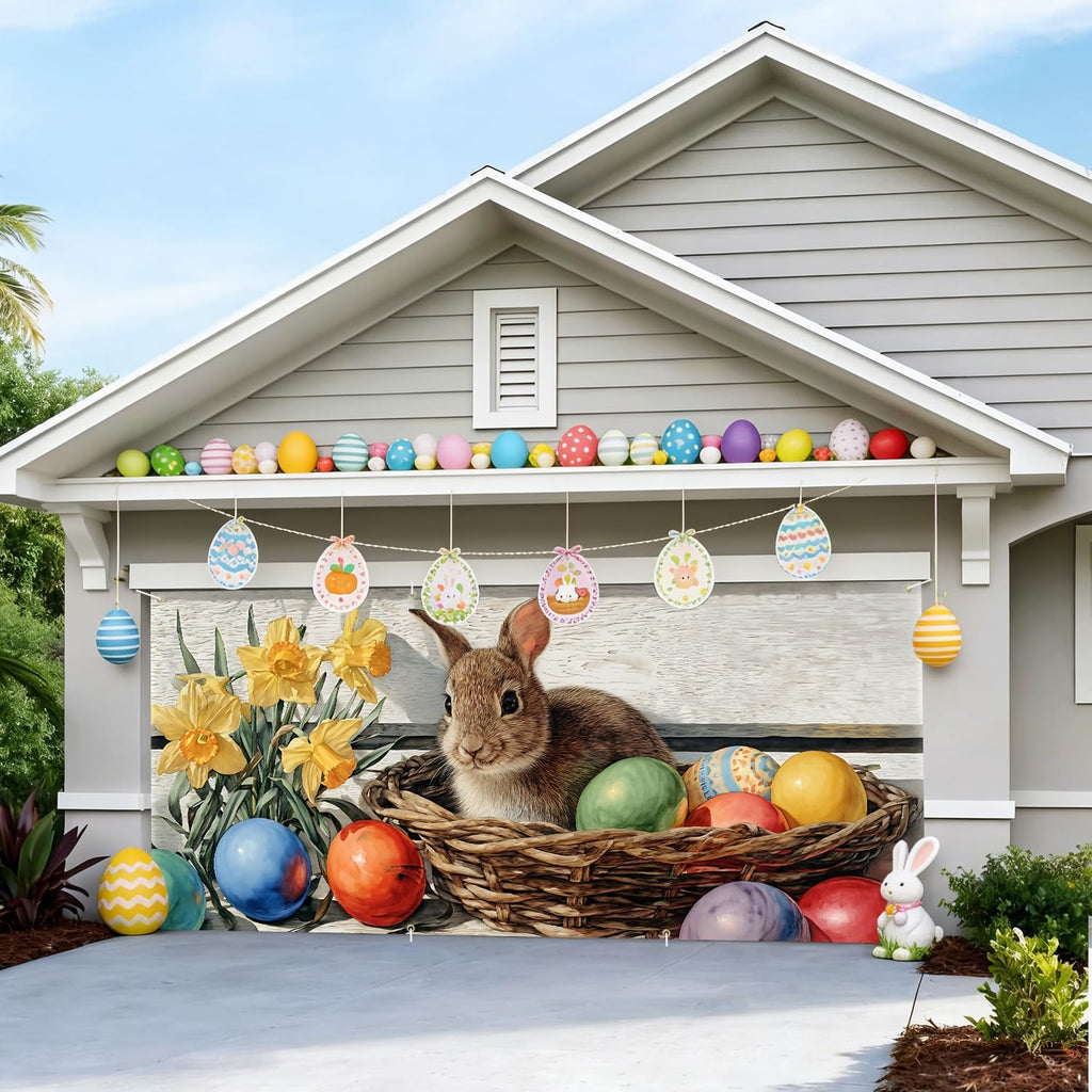 Easter Garage Door Cover Banner, Bunny in Basket with Colorful Easter Eggs and Daffodils, Rustic Spring Outdoor