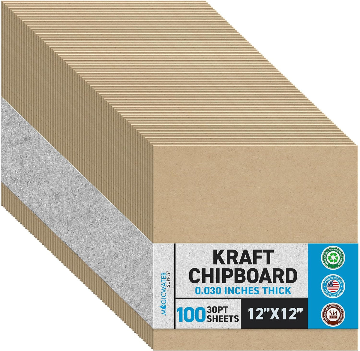 MagicWater Chipboard Sheet - 12x12 inch - 30 pt - 0.030" Thick - 100 Pack