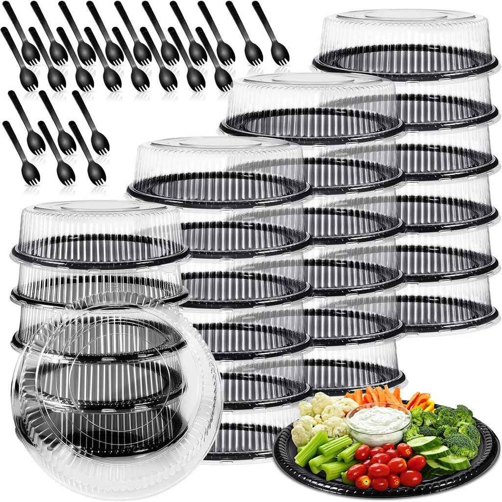24 Pack Disposable Serving Tray with Lid Black, 12 Inch