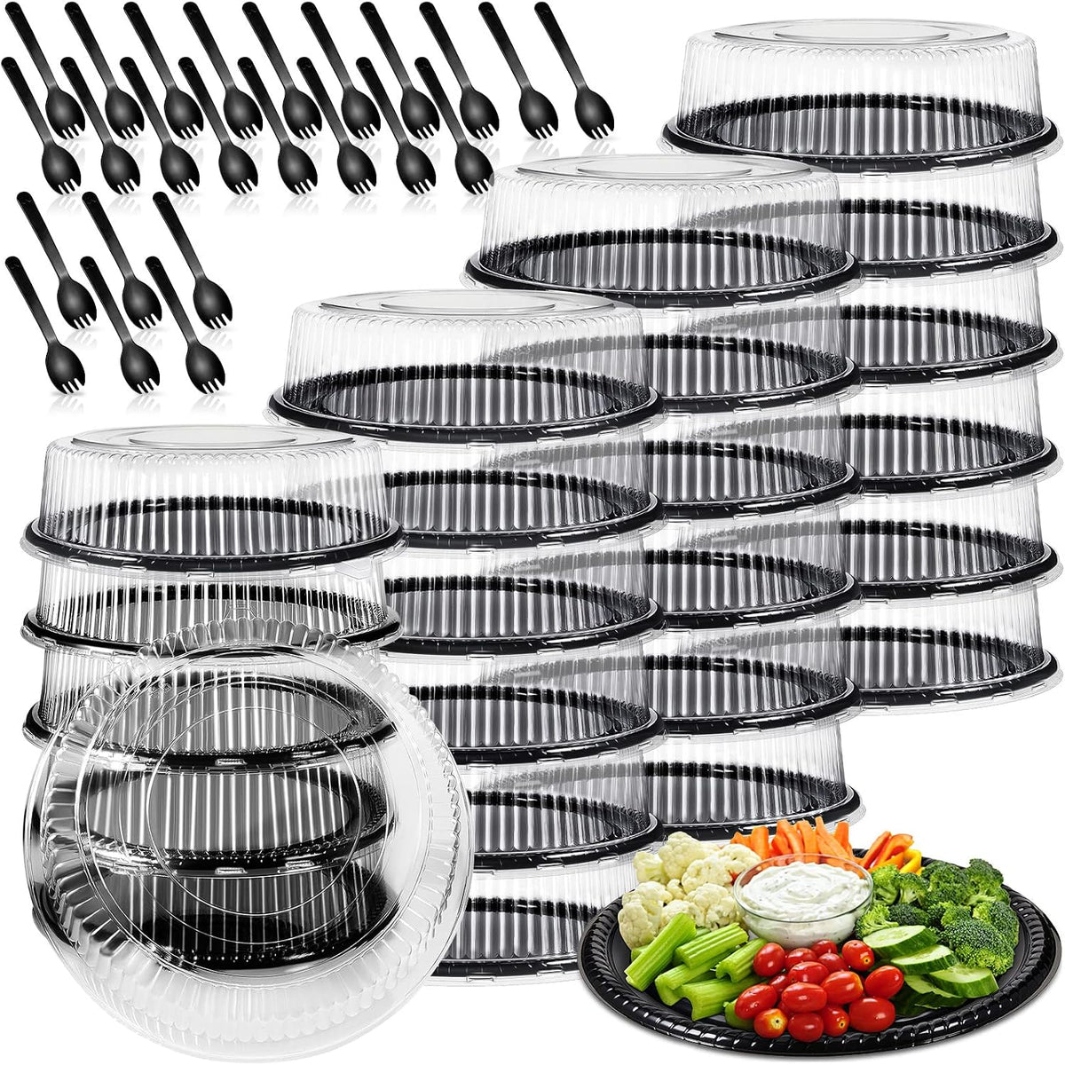 24 Pack Disposable Serving Tray with Lid Black, 12 Inch