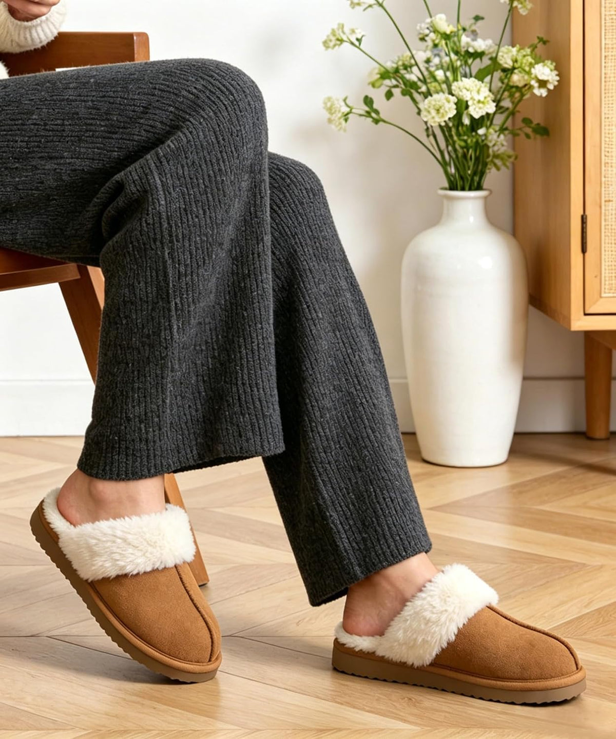 Fuzzy Memory Foam Slippers for Women Indoor Outdoor House Shoes | Fluffy Plush Lining, Non-slip Hard Sole, Faux