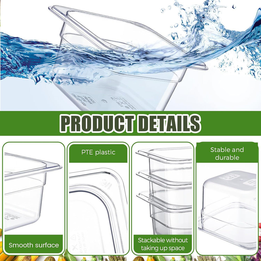 22 Pcs 1/6 Size Clear Food Pans Set Salad Bar Container, 4 Inch Deep