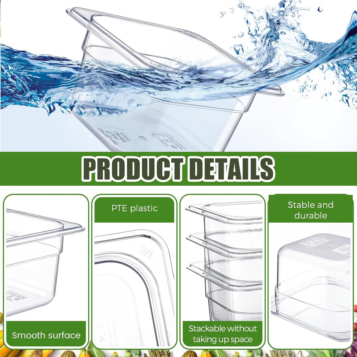 22 Pcs 1/6 Size Clear Food Pans Set Salad Bar Container, 4 Inch Deep