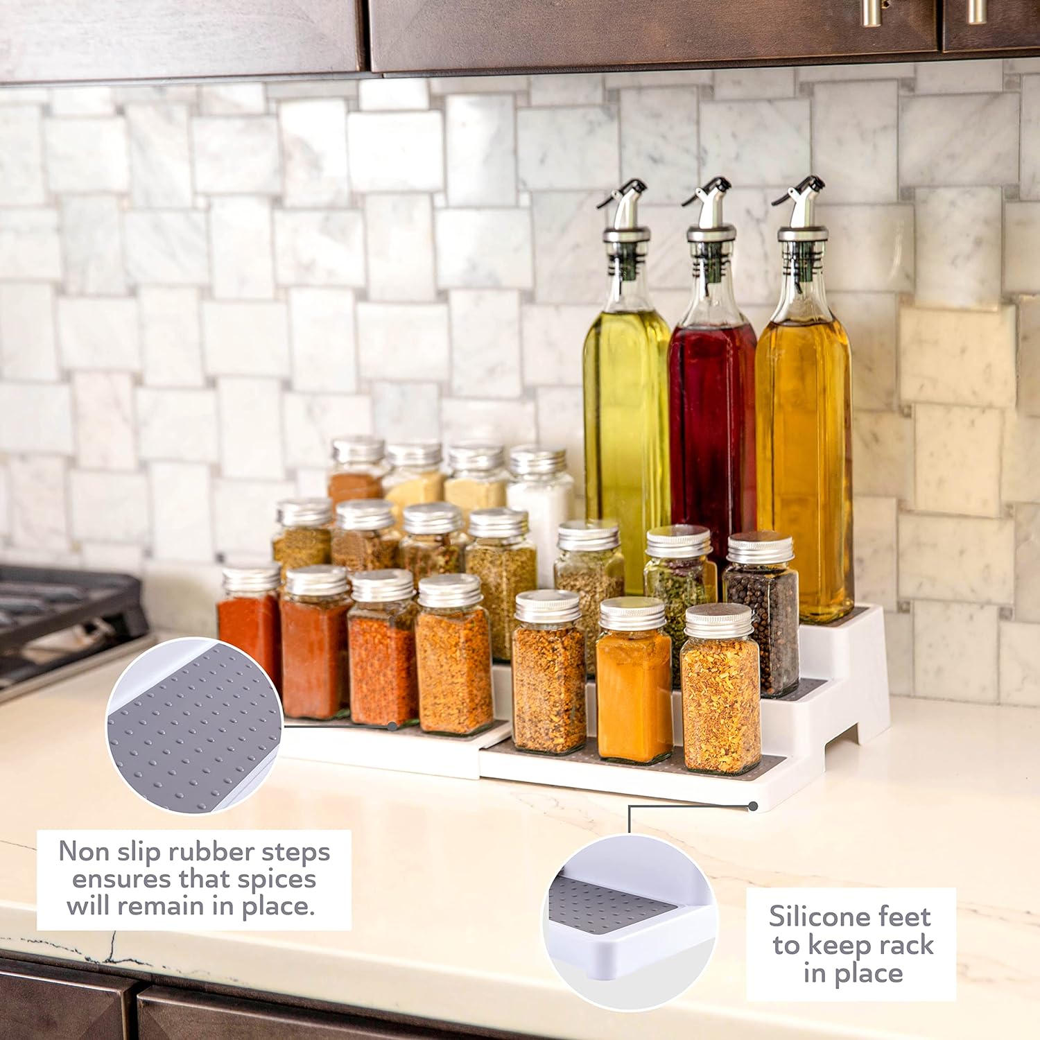 3–Tier Expandable Plastic Spice Rack - Adjustable Length, Stability with Non-Skid Shelf, Three Tiers for Easy