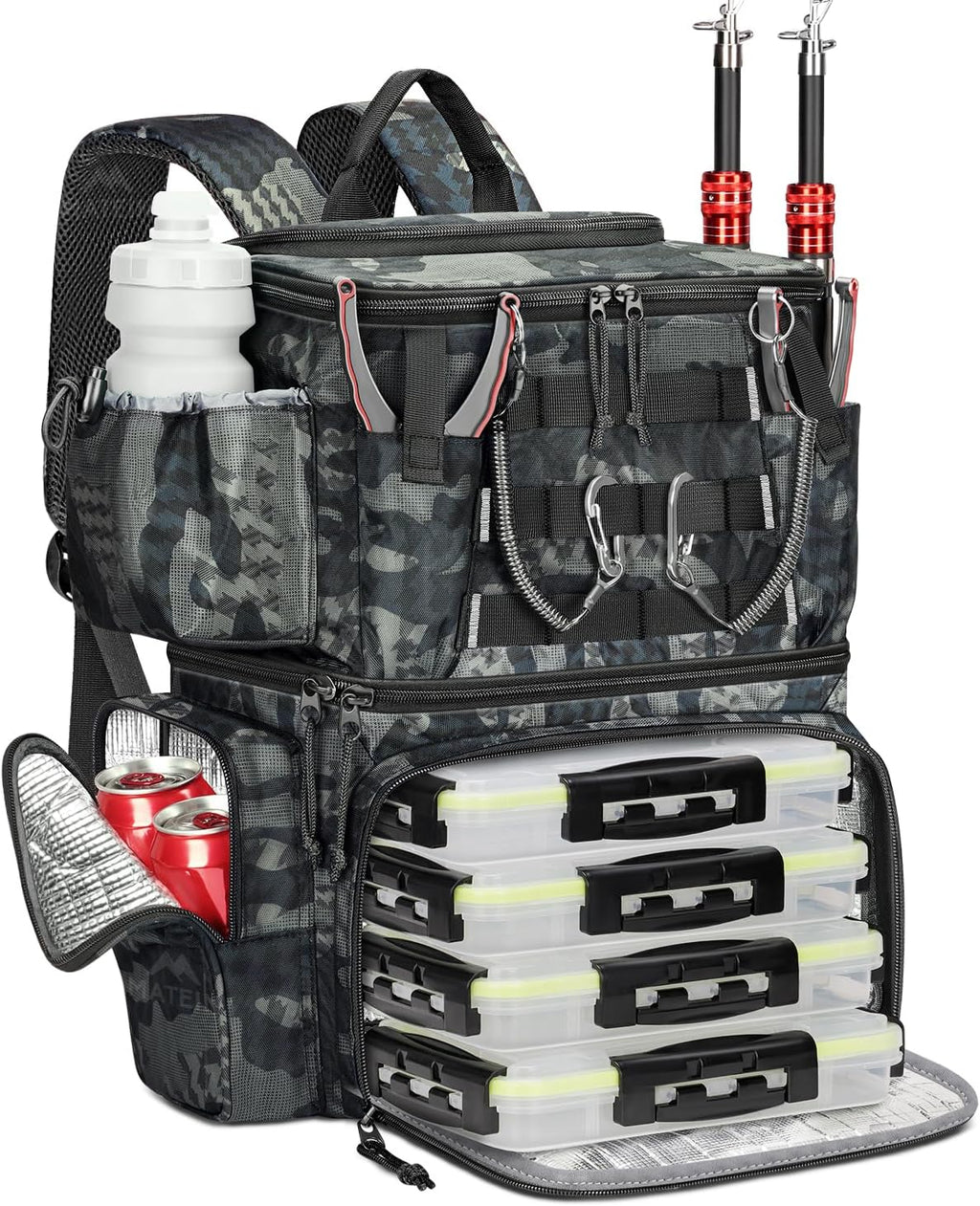 Fishing Backpack with 4 Tackle Boxes, Fishing Bag with Rod Holder | 3600 Tackle Box 4 Pack, Water Resistant Tackle