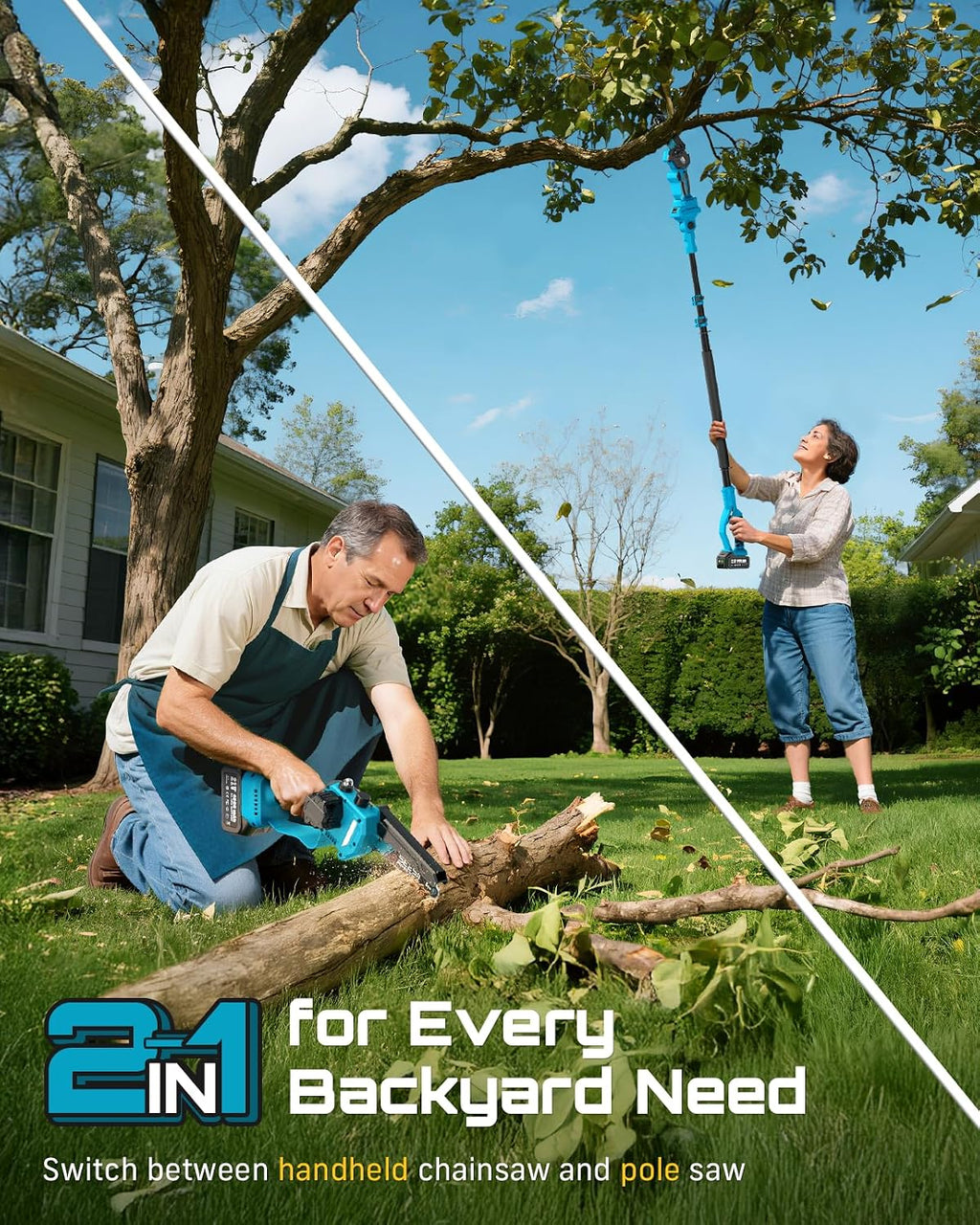 2-in-1 Cordless Pole Saws & Mini Chainsaw 6 Inch for Tree Trimming | 2 x 4000mAh Batteries, Handheld Cutter with 10FT