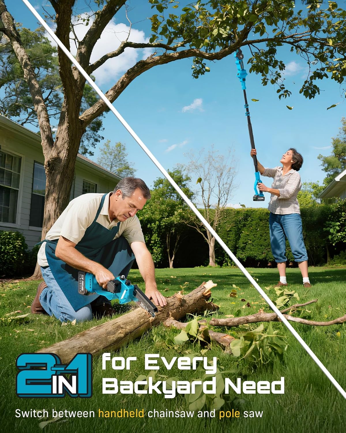2-in-1 Cordless Pole Saws & Mini Chainsaw 6 Inch for Tree Trimming | 2 x 4000mAh Batteries, Handheld Cutter with 10FT