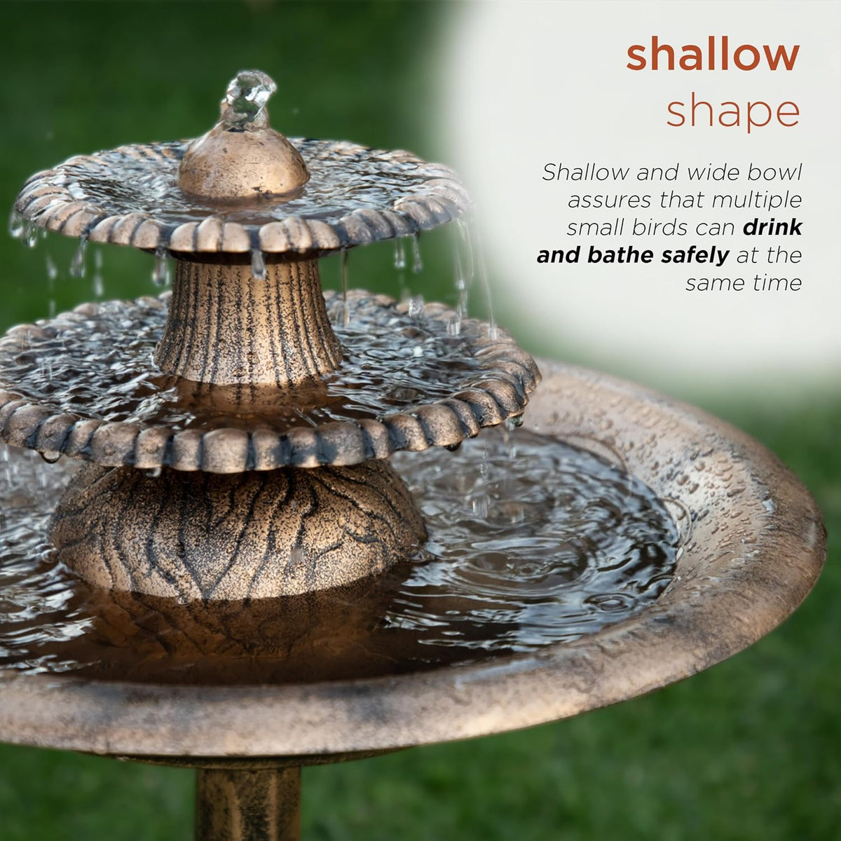 TEC106-BZ 35” Tall 3-Tier Pedestal Water Fountain with Birdbath in Vintage – Outdoor Garden Fountain for Yard, Patio