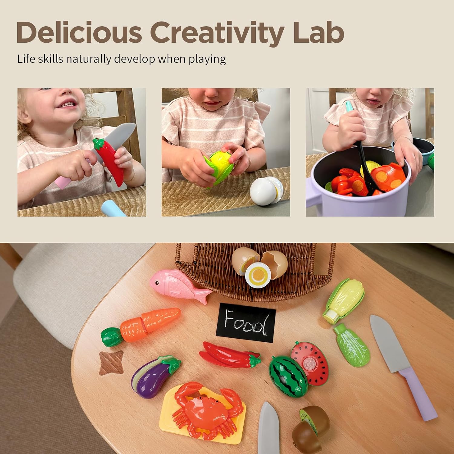 Kids Play Kitchen Accessories - Complete Cooking Toy Set with Pots, Pans & Utensils for Toddlers 1-3, Learning
