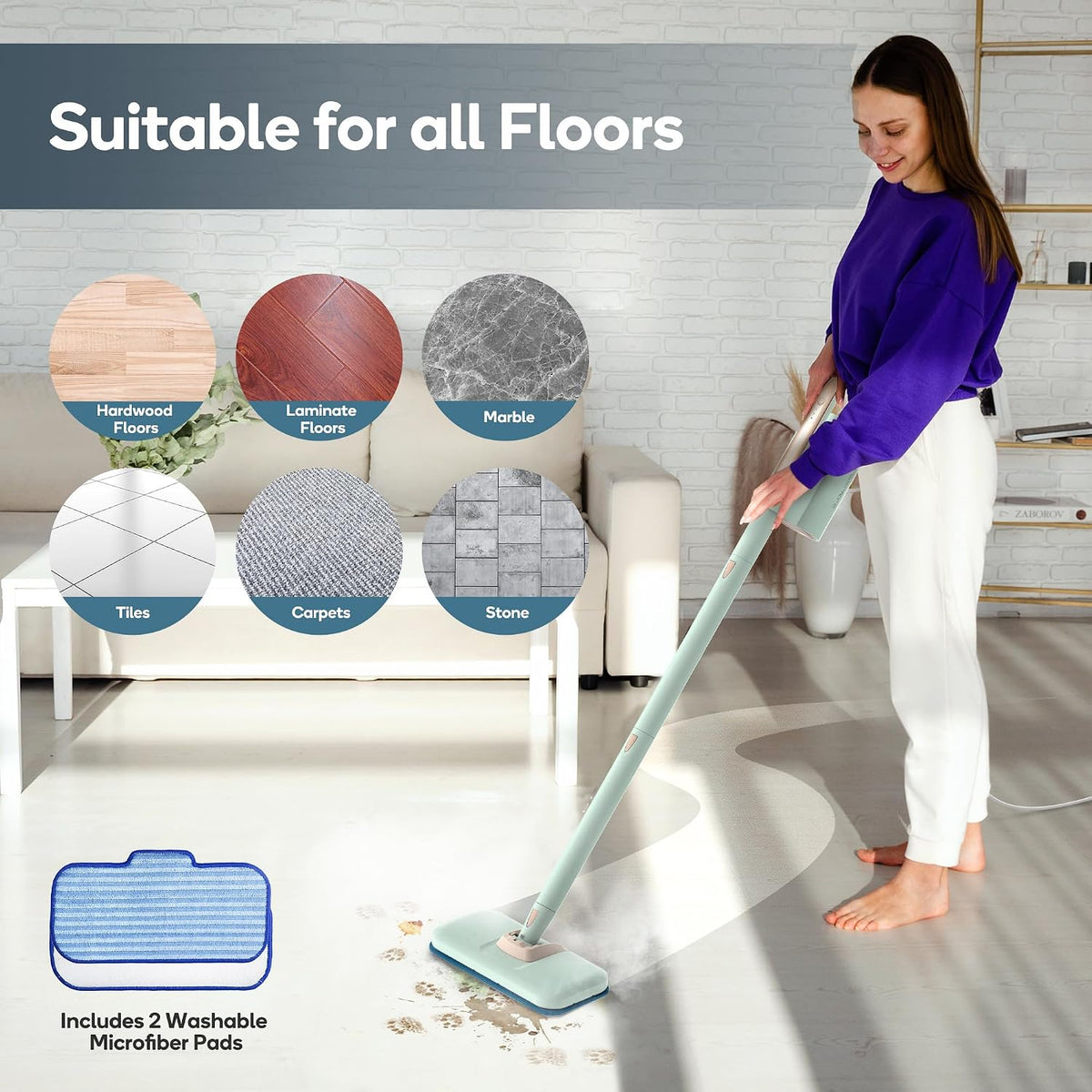 Steam Mop & Detachable Handheld Cleaner, 1200W Floor Steamer | 3 Adjustable Levels for Carpet Laminate Hardwood