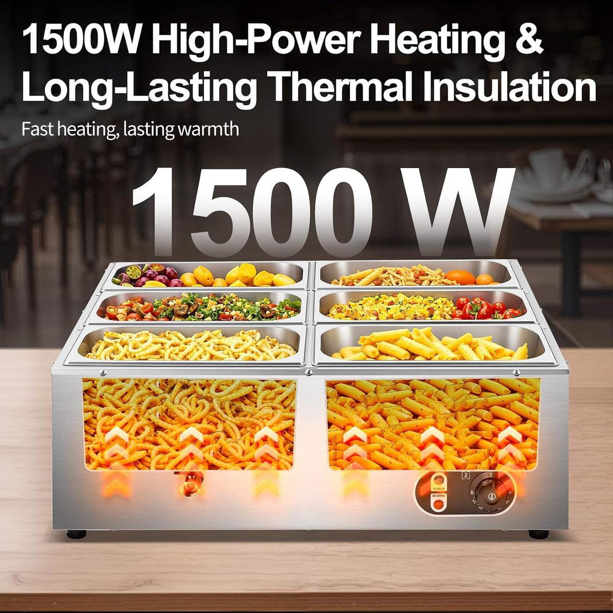 Commercial Food Warmer 48 Qt Stainless Steel Steam Table Countertop Buffet Warmer, 6-Pan 1500W Electric Bain Marie