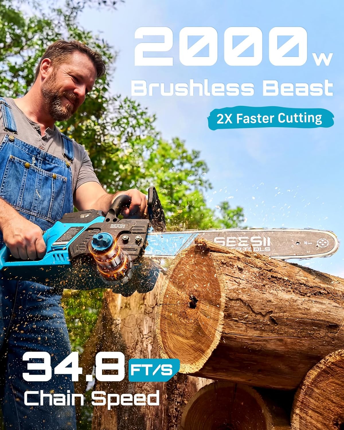 40V 16-Inch Cordless Electric Chainsaw,2000W Brushless Chain Saw | 2×40v 4000mAh Batteries & Chargers, Auto Oiler