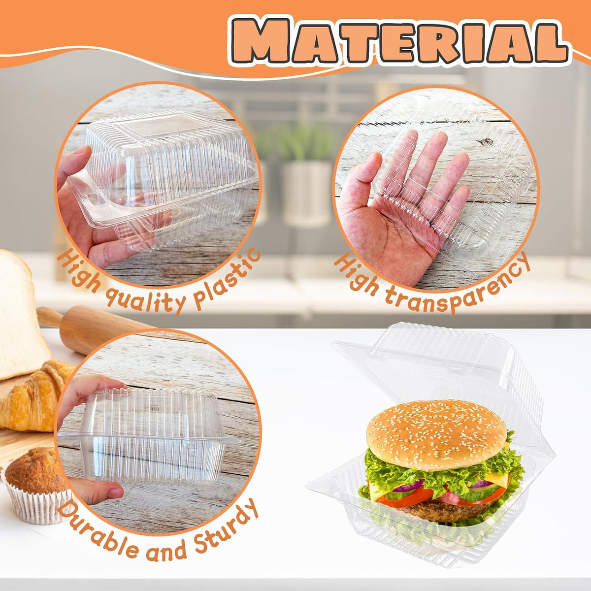 50 Pcs Clear Plastic Take Out Containers,Clear Plastic Square Hinged Food Container with Lids,Disposable Clamshell